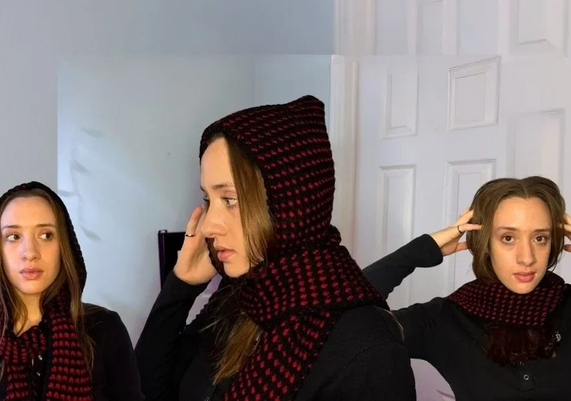 Crochet hooded scarf with a color-block hood