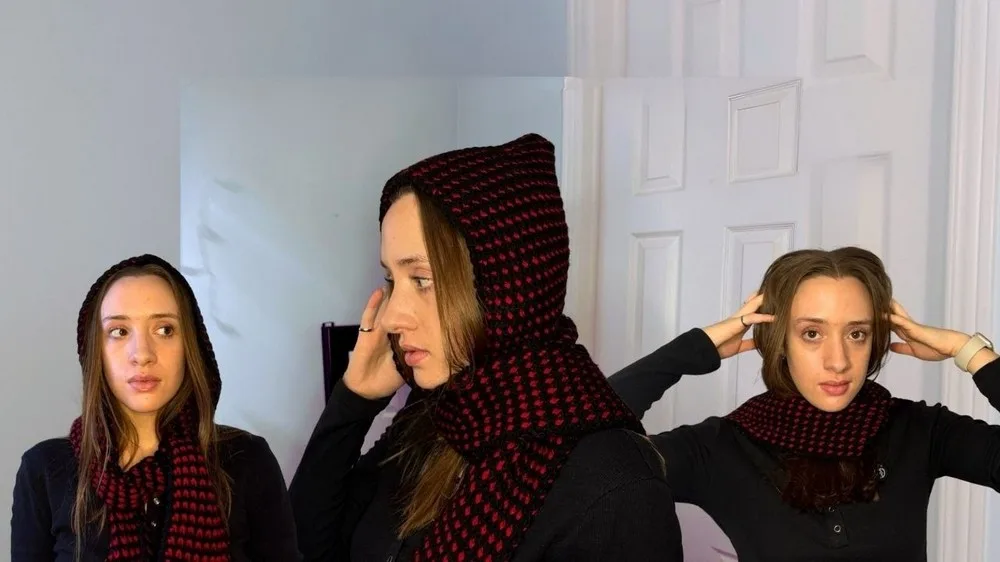Crochet hooded scarf with a color-block hood
