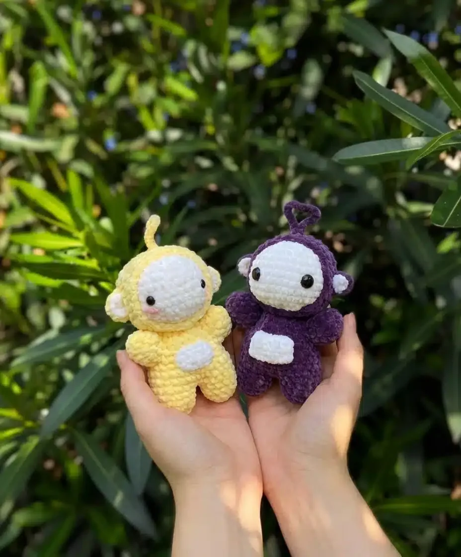 Crochet Teletubby dolls with matching accessories