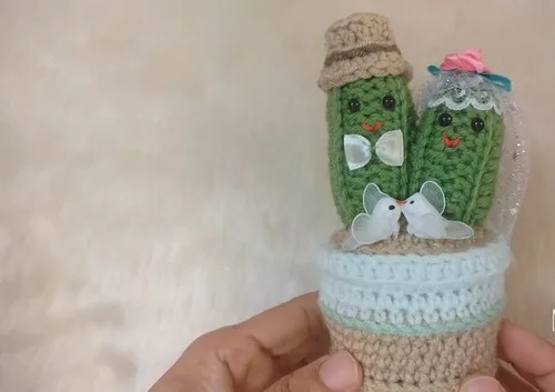 Crochet wedding cactus pot with tulle bow detail