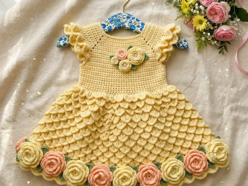 Crocodile stitch baby dress with rolled rosettes