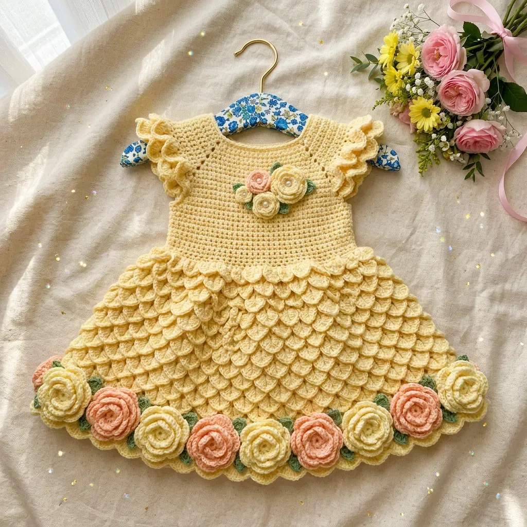 Crocodile stitch baby dress with rolled rosettes