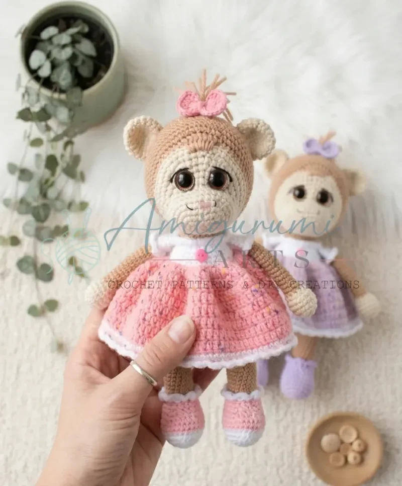 Dressed monkey amigurumi crochet pattern with bow trim — photo 2