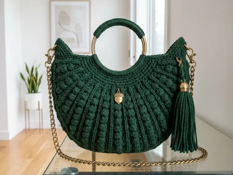 Crescent moon bobble stitch purse with chain handle