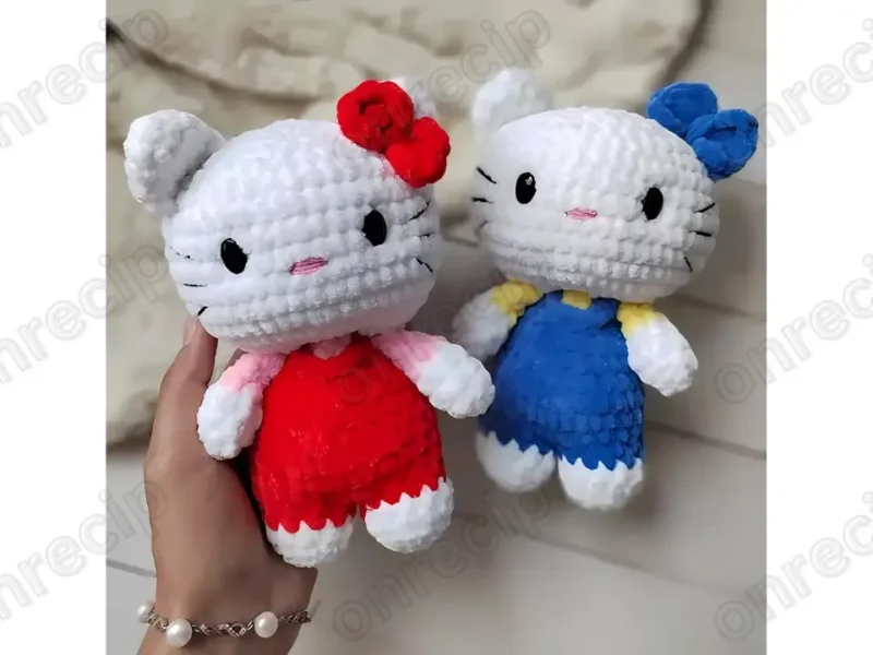 Hello Kitty amigurumi crochet pattern with jumpsuit detail