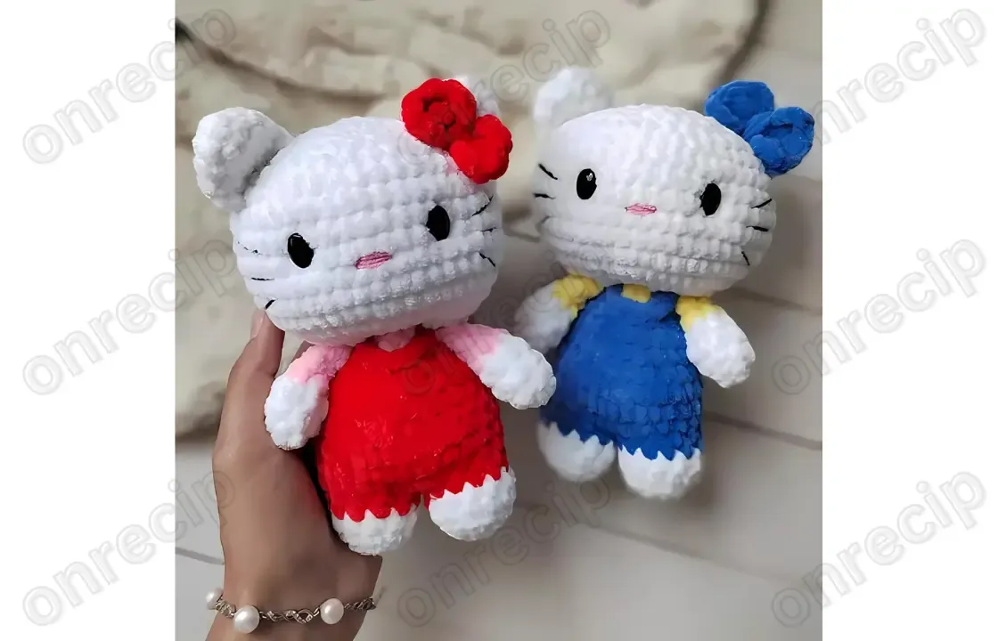 Hello Kitty amigurumi crochet pattern with jumpsuit detail