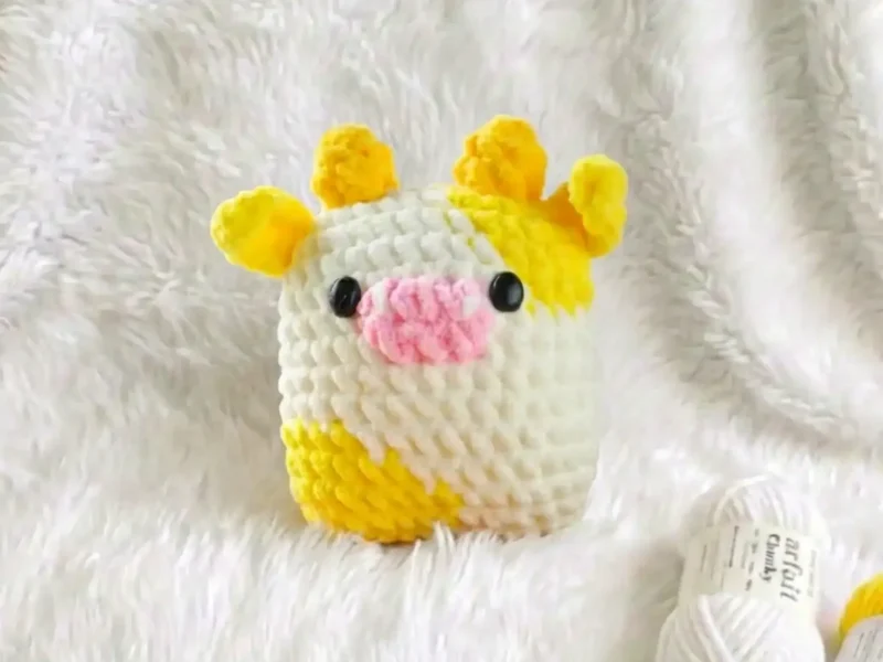 Marshmallow cow amigurumi trio: strawberry, banana and watermelon