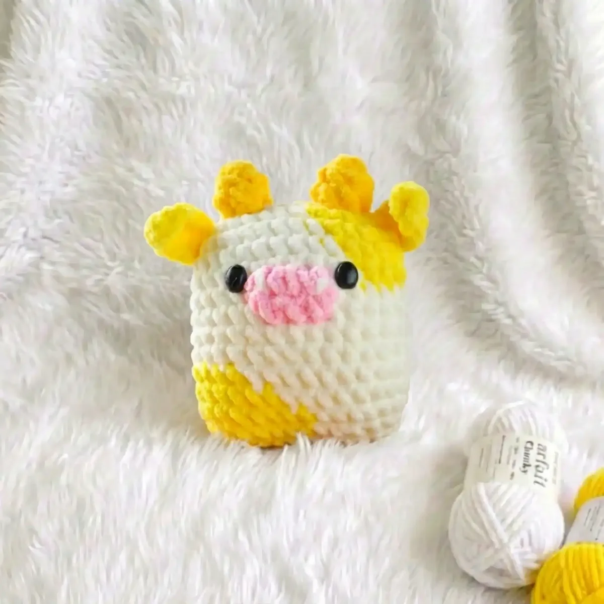 Marshmallow cow amigurumi trio: strawberry, banana and watermelon