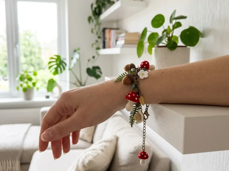 Mini mushroom and acorn charm bracelet crochet pattern