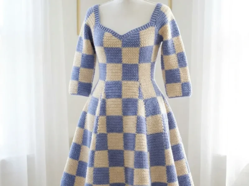 Checkerboard crochet dress in periwinkle and cream