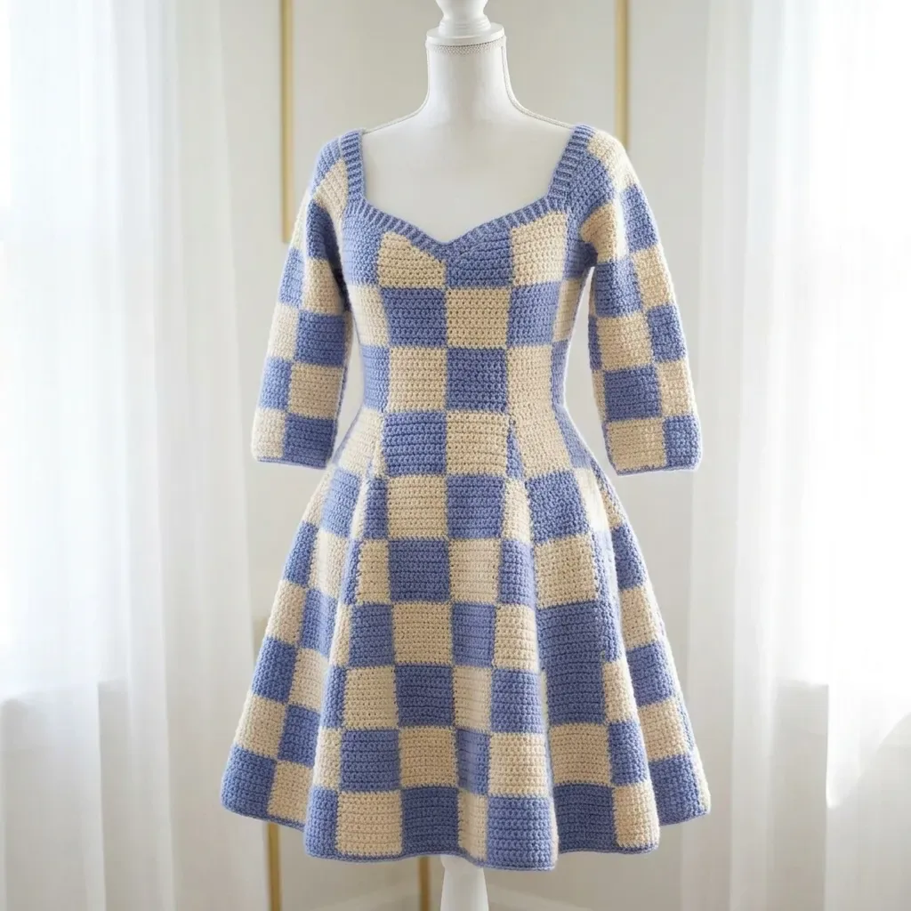Checkerboard crochet dress in periwinkle and cream