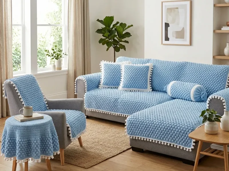Popcorn stitch sofa set with pom-pom trim
