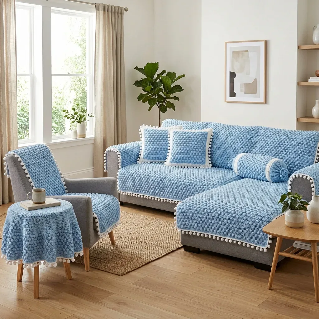 Popcorn stitch sofa set with pom-pom trim