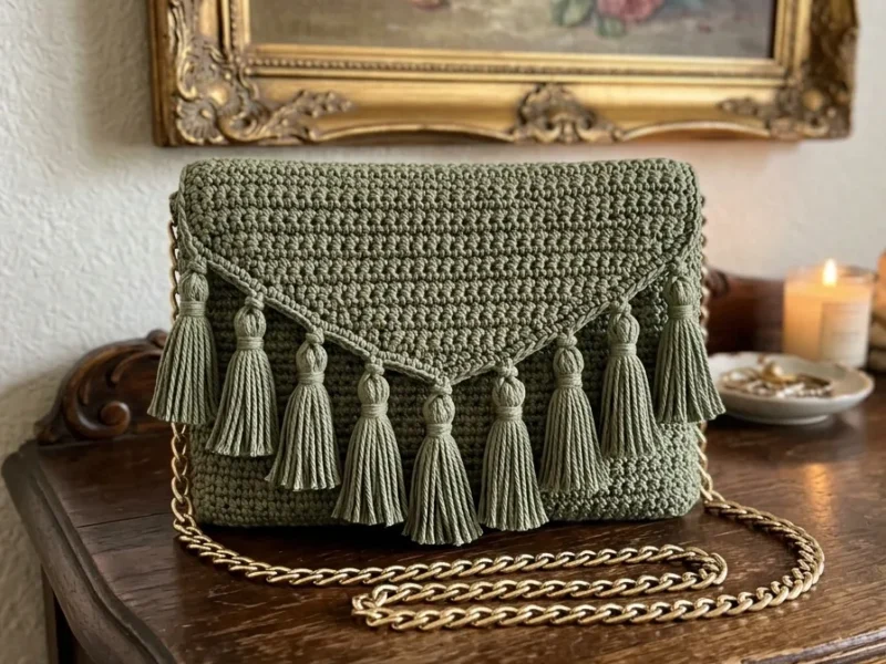 Sage green tassel bag crochet pattern with a pointed flap