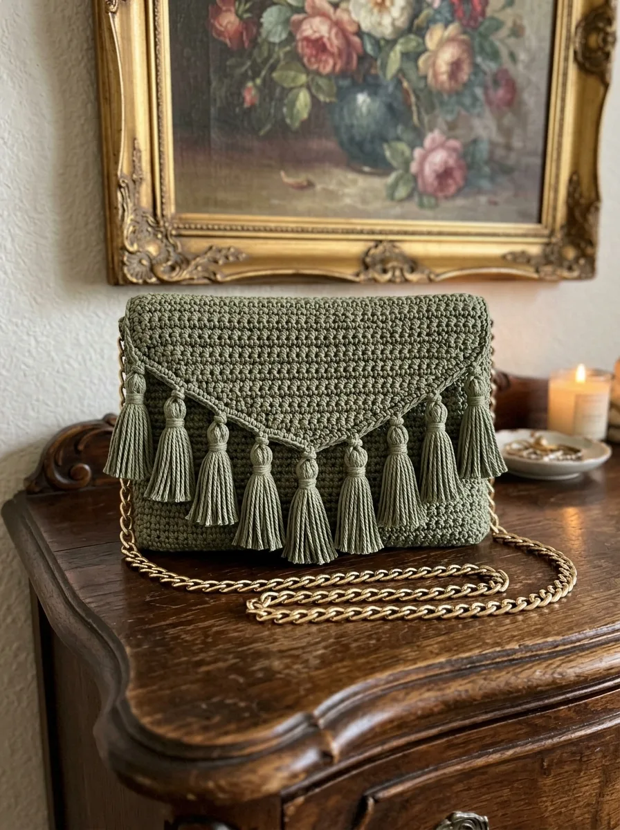 Sage green tassel bag crochet pattern with a pointed flap