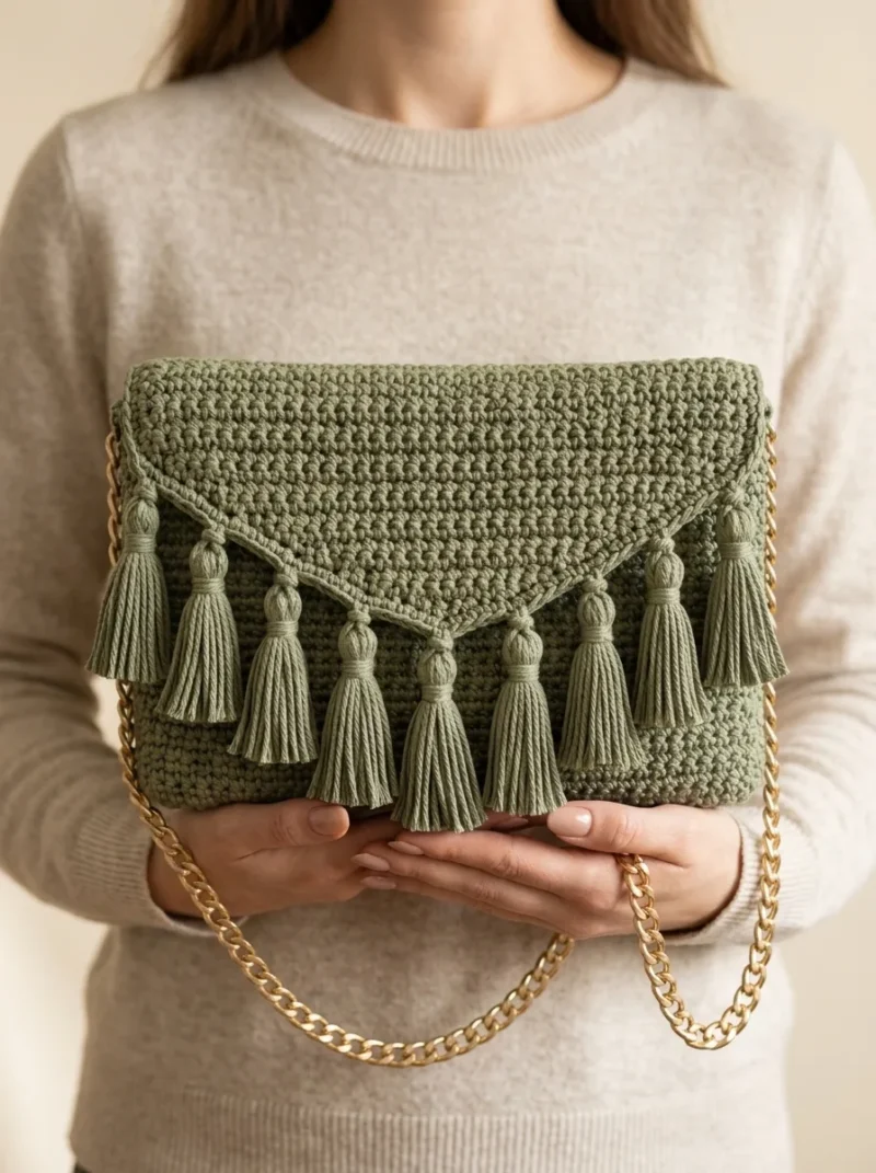 Sage green tassel bag crochet pattern with a pointed flap — photo 3