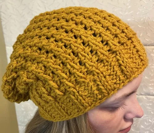 Slouchy Tunisian crochet hat with a ribbed band