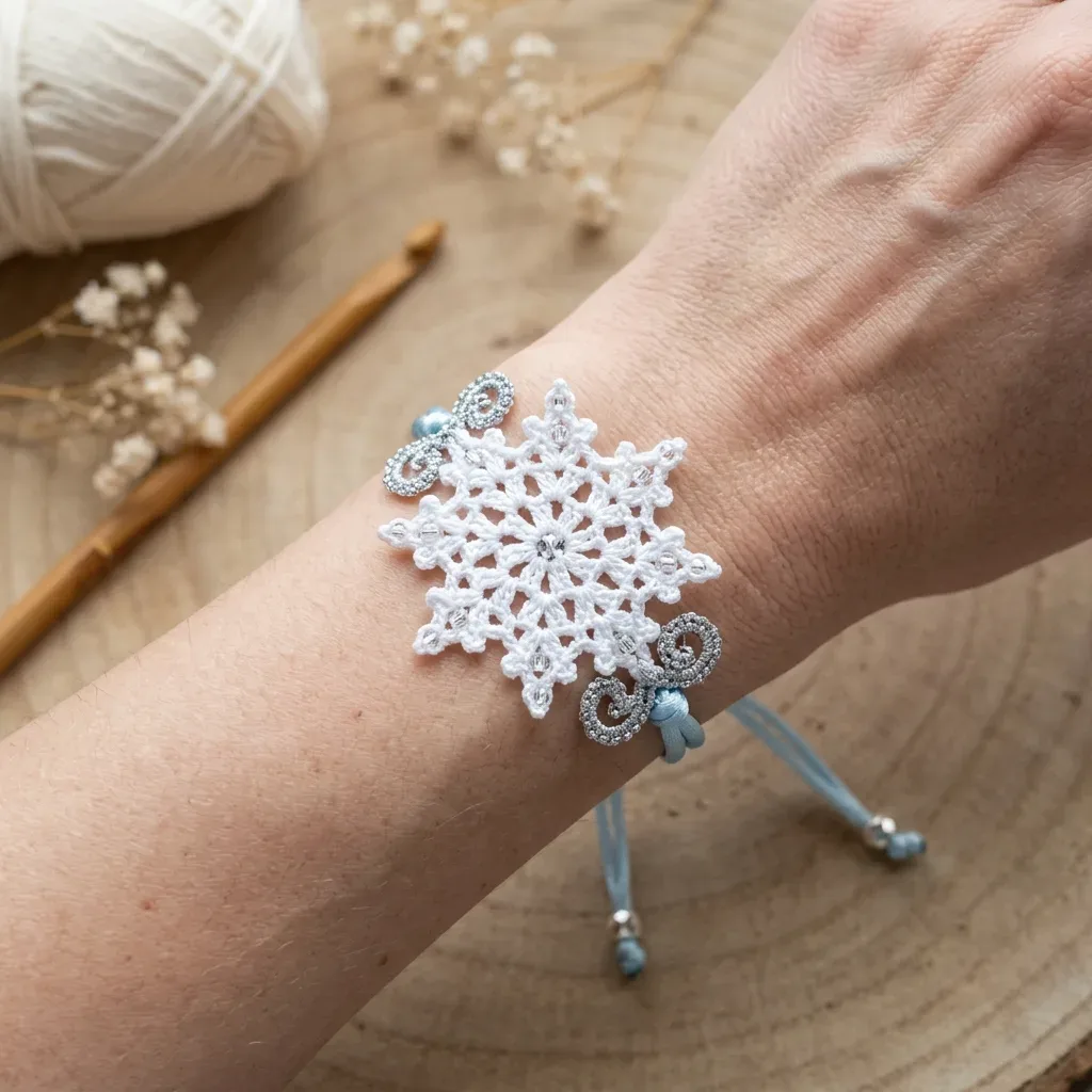 Crochet a beaded snowflake bracelet in ten rounds