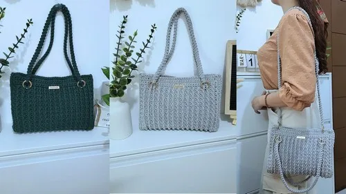 Convertible crochet bag with strap options and ribbed band