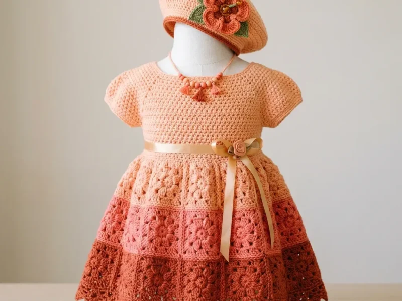Coral granny square baby dress with matching beret