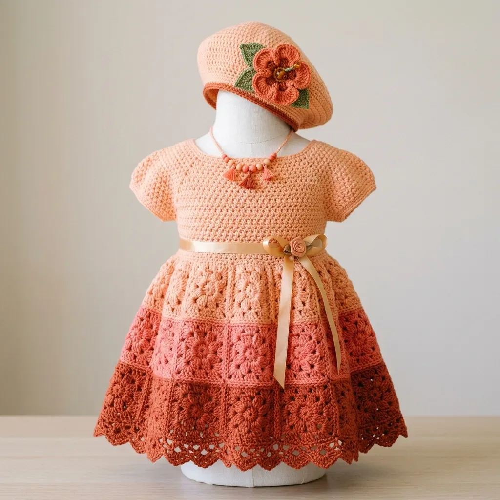 Coral granny square baby dress with matching beret