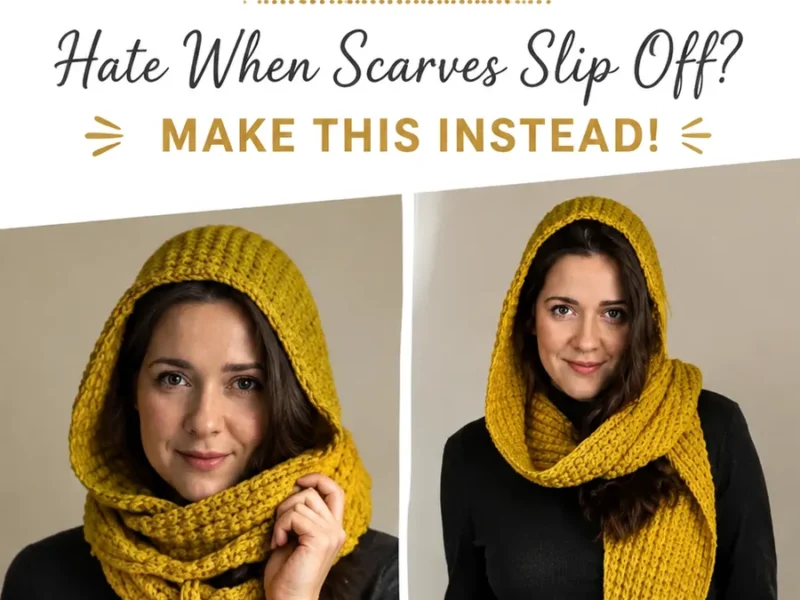 Cozy crochet hooded scarf with a textured hood panel
