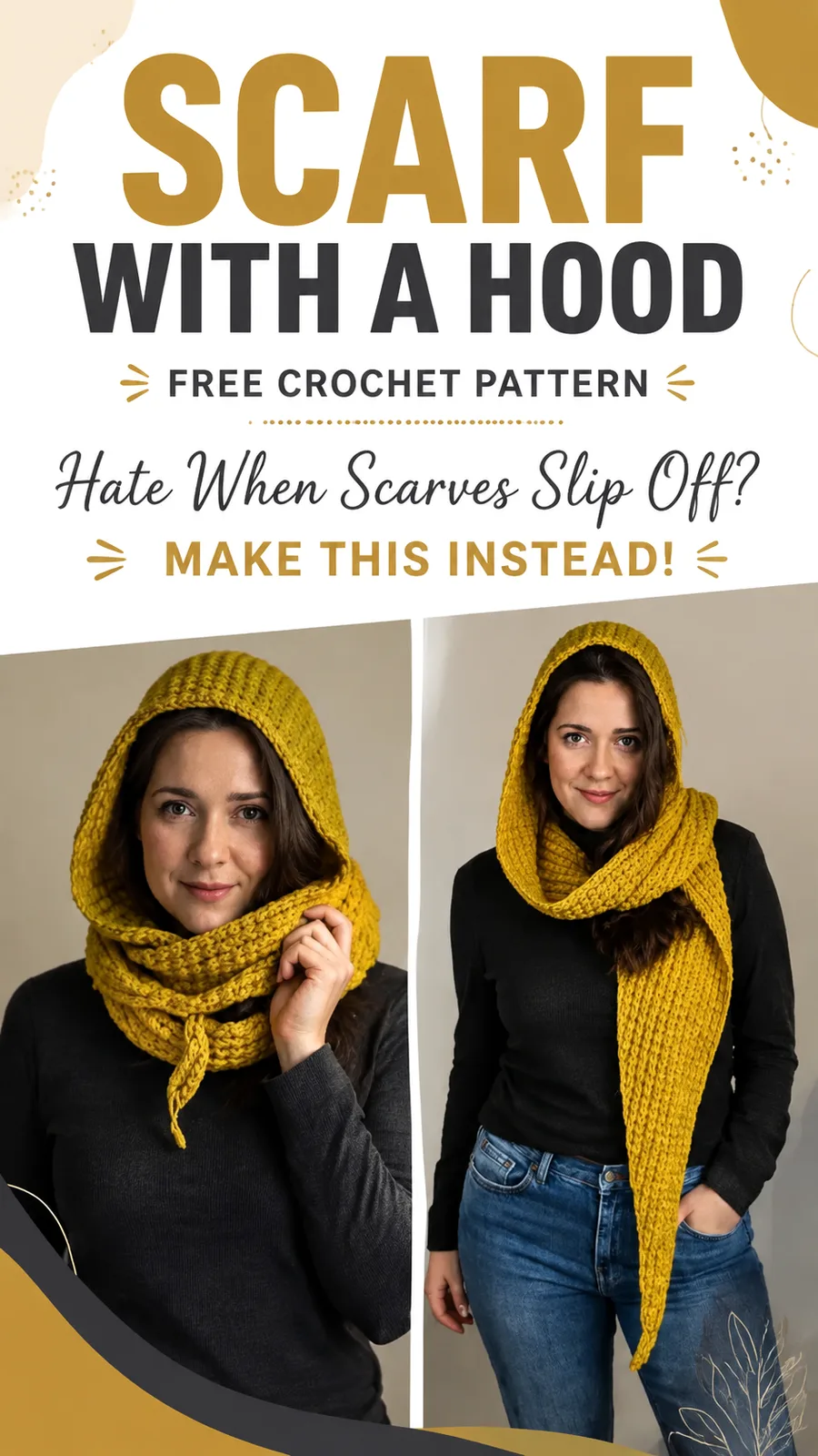 Cozy crochet hooded scarf with a textured hood panel