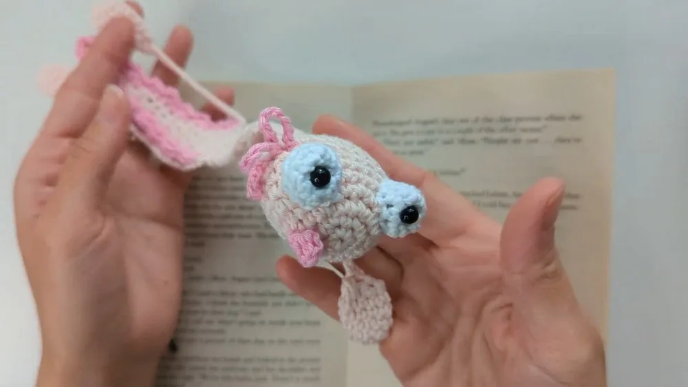 Crochet axolotl bookmark pattern with simple amigurumi shaping