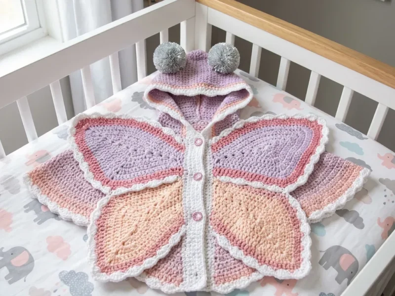 Crochet baby poncho with butterfly wings and hood