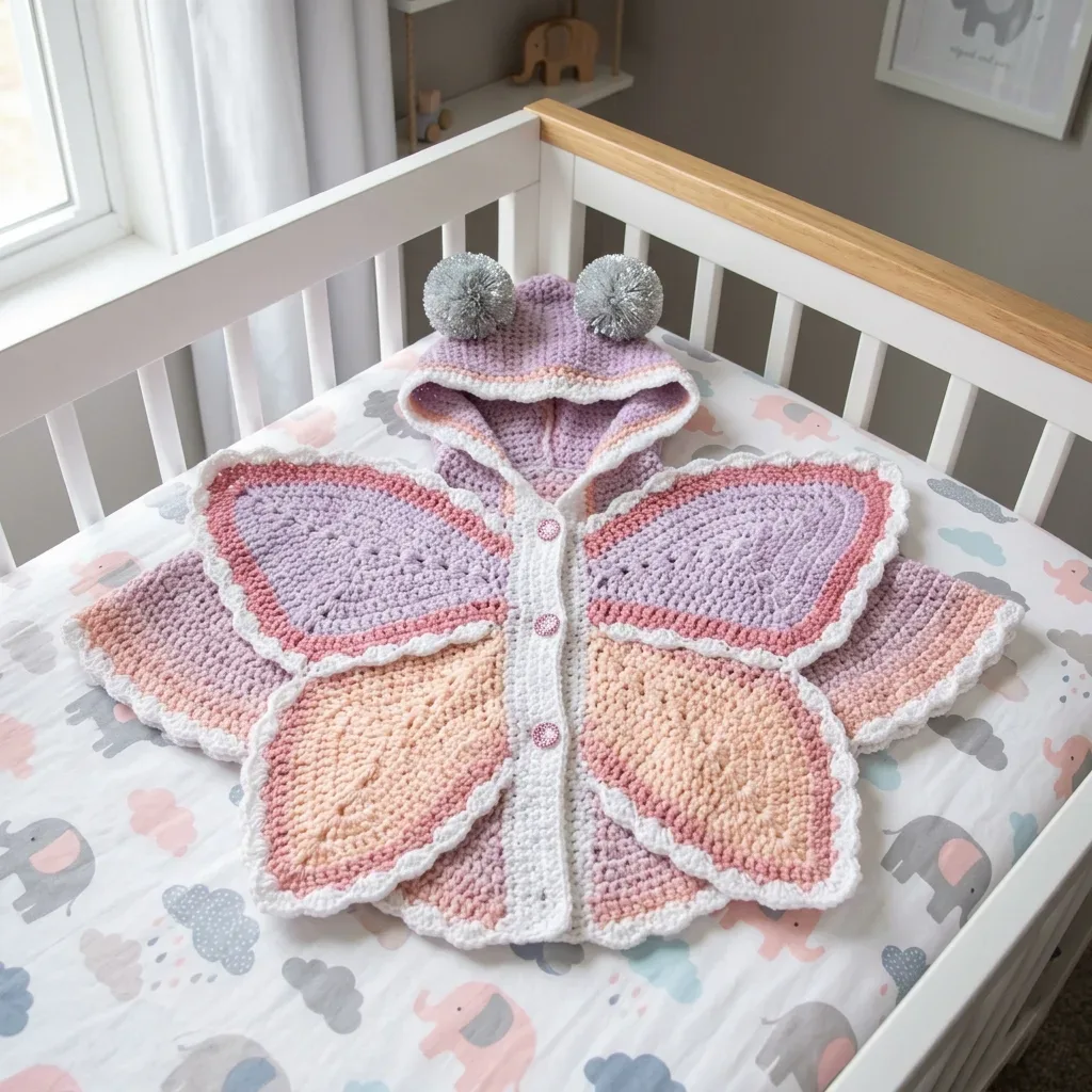 Crochet baby poncho with butterfly wings and hood