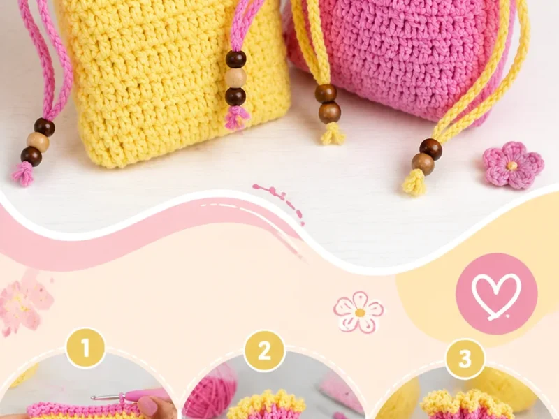 Crochet drawstring gift bag pattern with eyelet closure