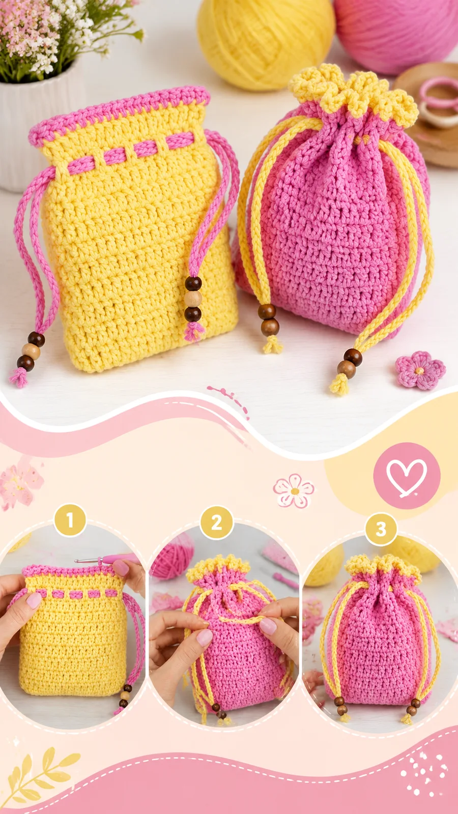 Crochet drawstring gift bag pattern with eyelet closure