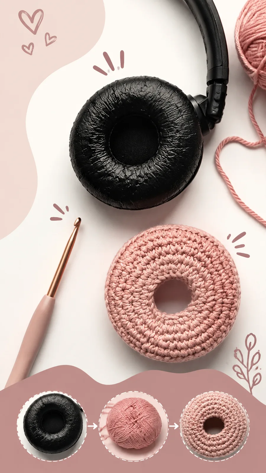 Crochet headset covers for round ear cushions