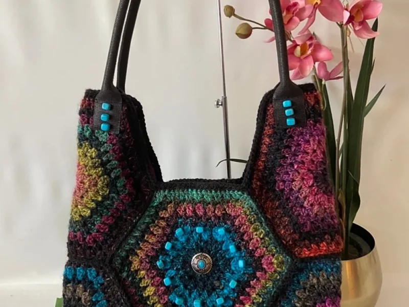 Crochet hexagon patchwork bag with handles