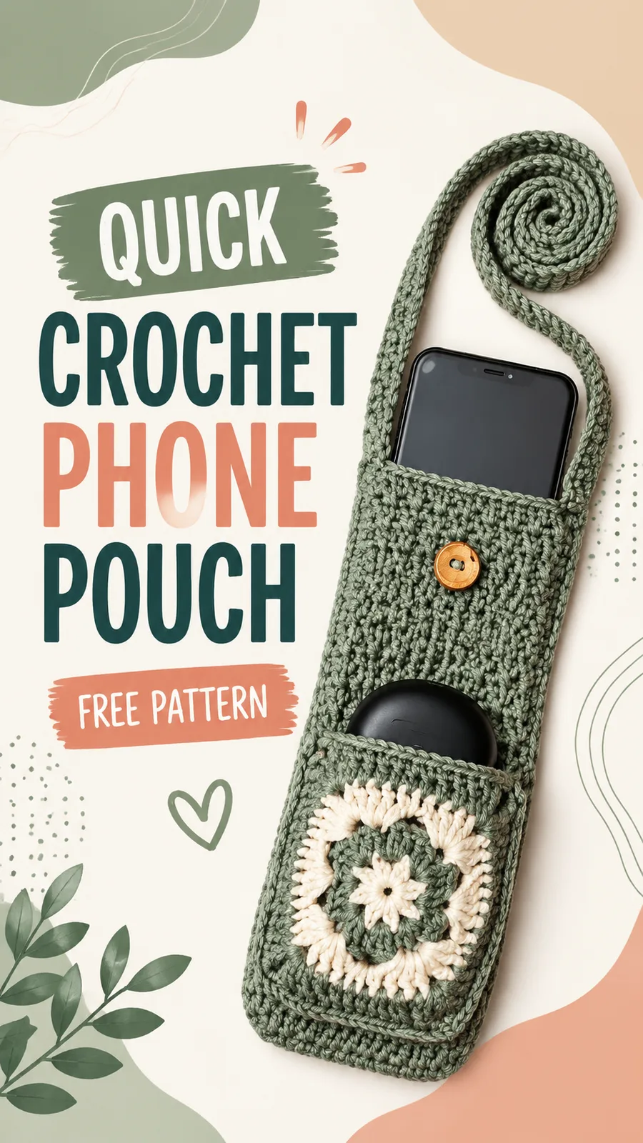 Crochet phone bag pattern with crossbody strap and flower motif