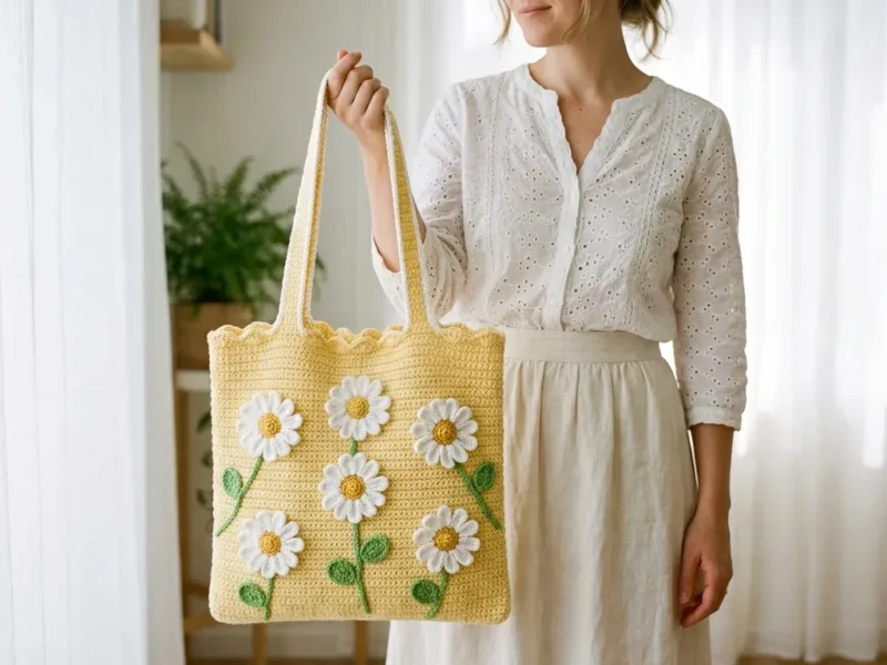 Daisy appliqué tote with scalloped edge and long straps
