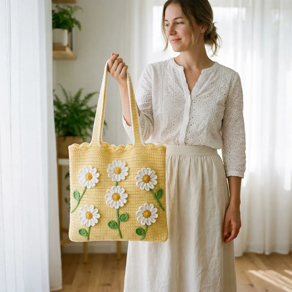 Daisy appliqué tote with scalloped edge and long straps