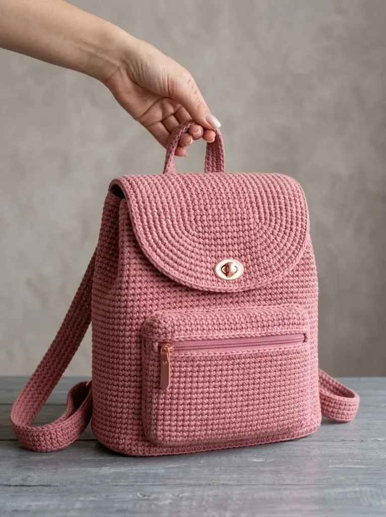 Dusty Rose Crochet Backpack Pattern With Flap And Straps — photo 3
