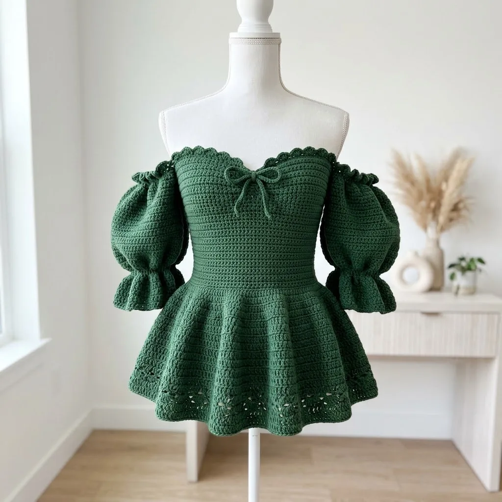 Forest green elegant peplum crochet top pattern