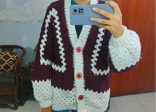 Granny hexagon cardigan pattern with ribbed cuffs — photo 2