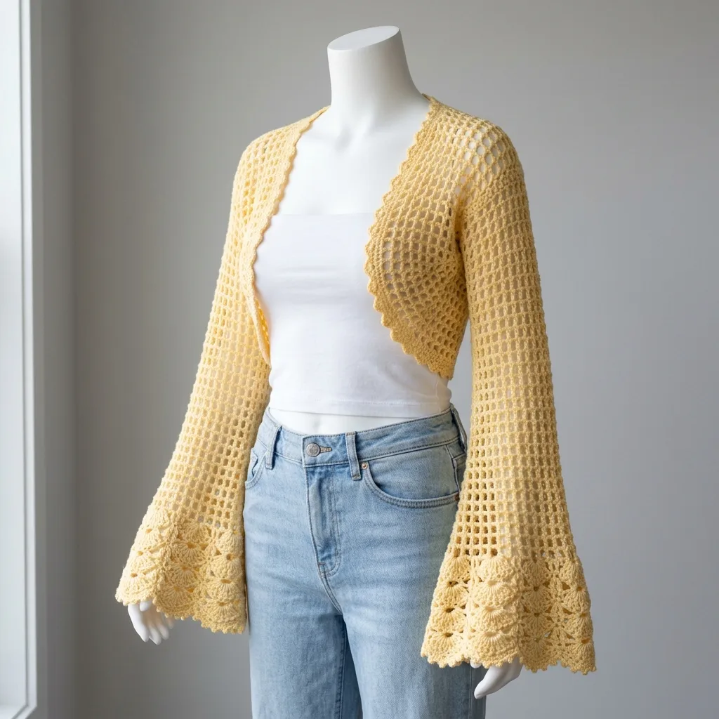 Lace mesh crochet shrug with a shell edge