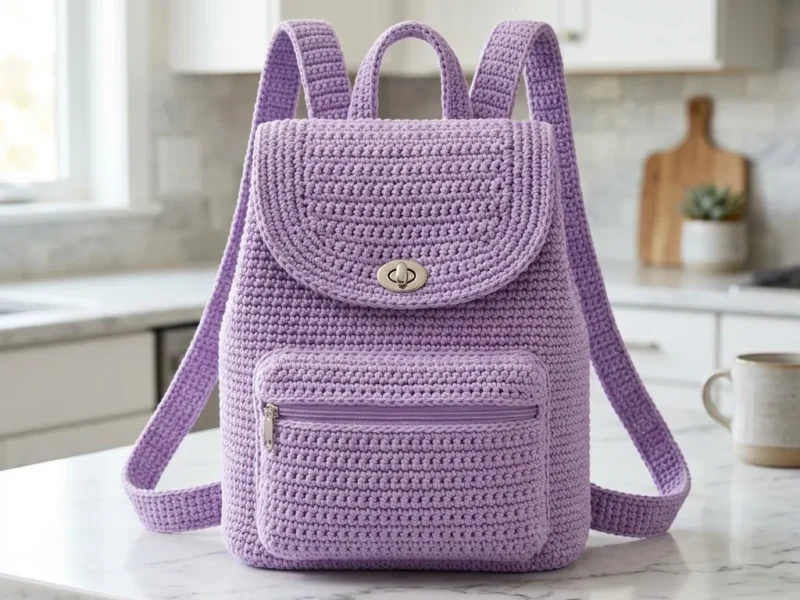 Soft lavender crochet backpack pattern with built-in handle