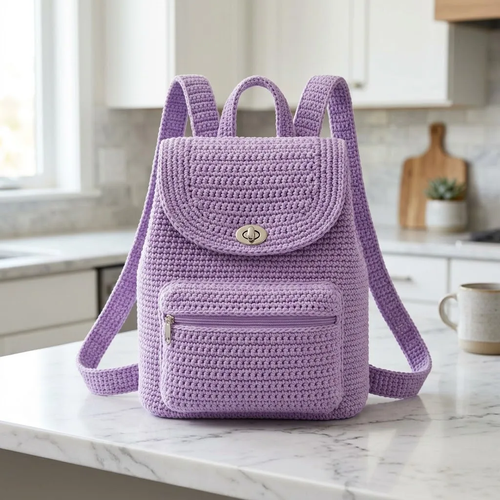 Soft lavender crochet backpack pattern with built-in handle