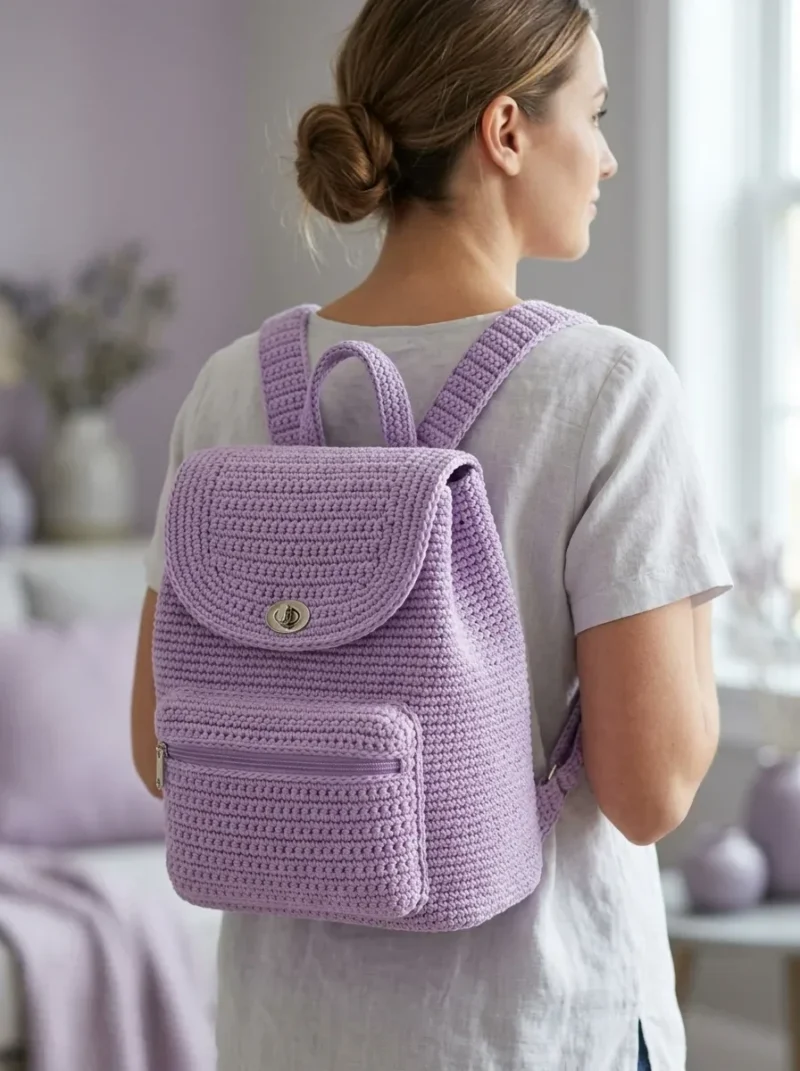 Soft lavender crochet backpack pattern with built-in handle — photo 3
