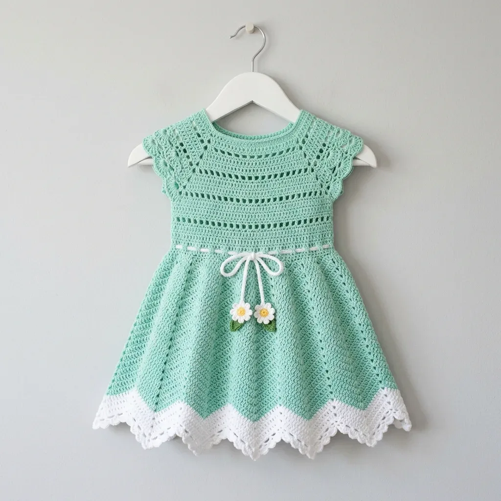 Mint green zigzag baby dress crochet pattern