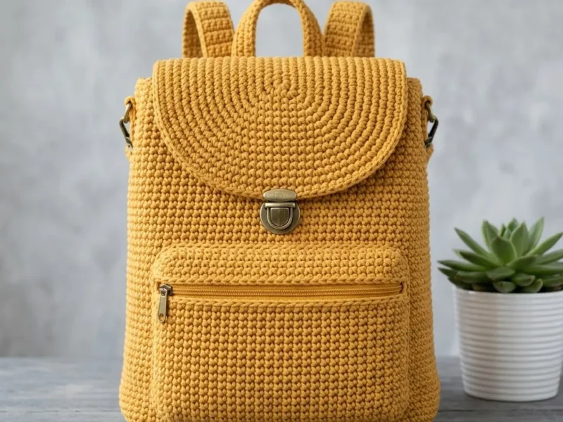 Mustard yellow crochet backpack with hardware and flap