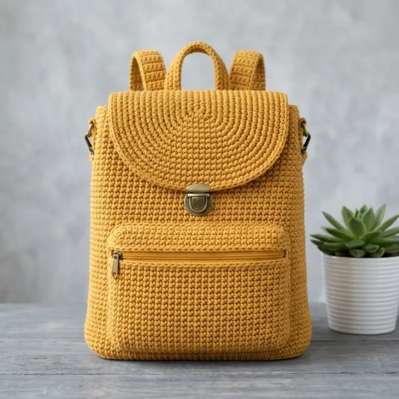 Mustard yellow crochet backpack with hardware and flap — photo 2