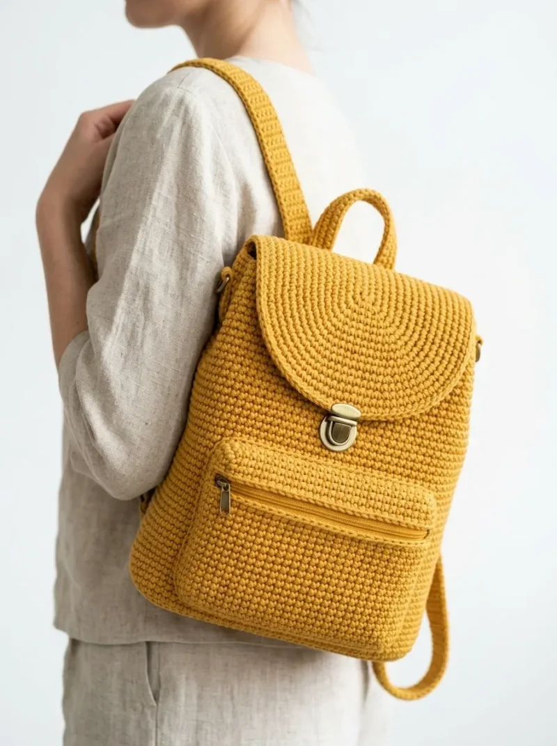 Mustard yellow crochet backpack with hardware and flap — photo 3