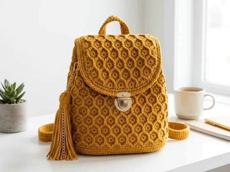 Mustard yellow honeycomb backpack crochet pattern