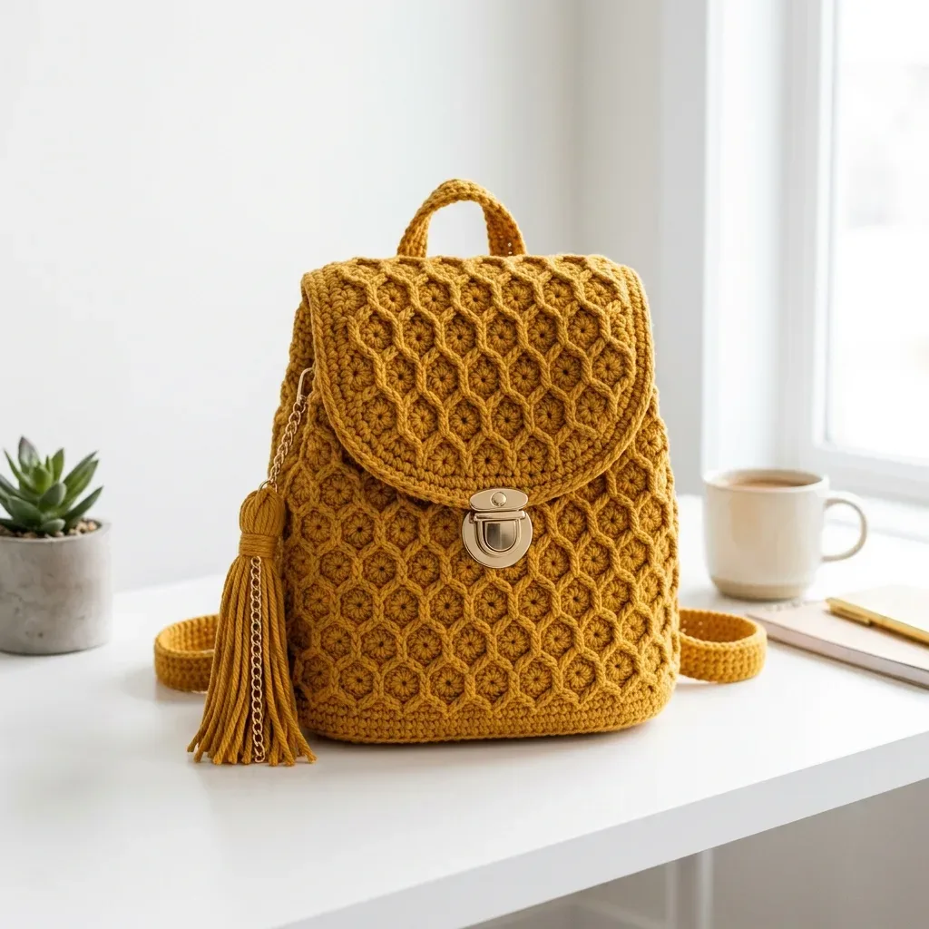 Mustard yellow honeycomb backpack crochet pattern